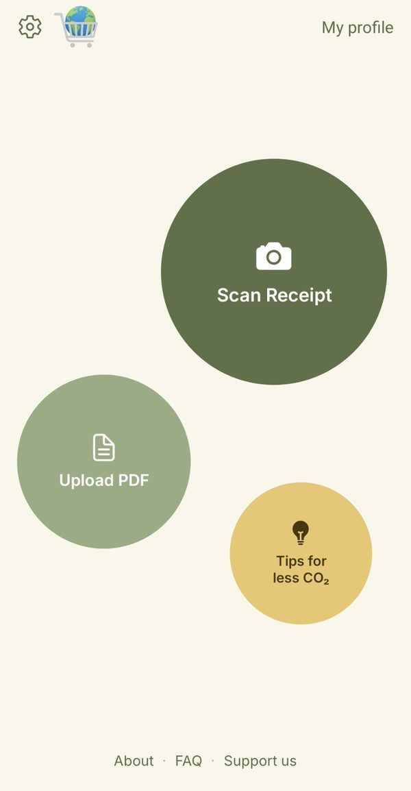 ClimateCart home screen with the Scan Receipt, Upload PDF and Tips for less CO₂ buttons