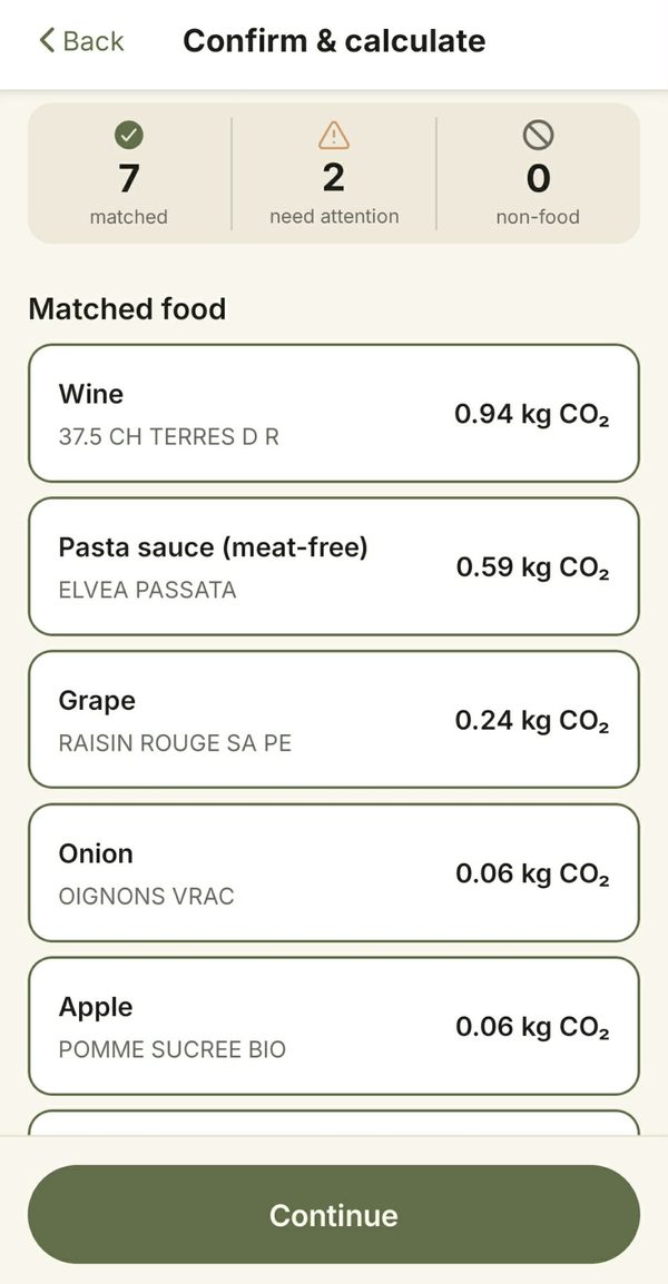 Review screen listing matched products with their CO₂