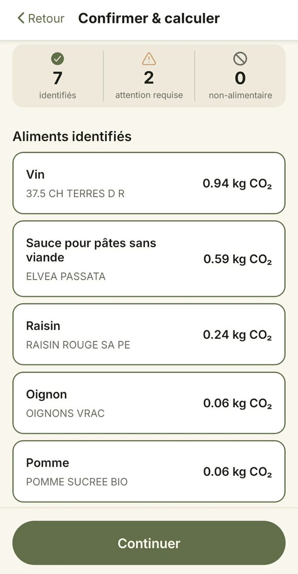 Écran de vérification avec les produits reconnus et leur CO₂