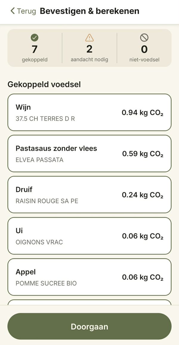 Controlescherm met de herkende producten en hun CO₂